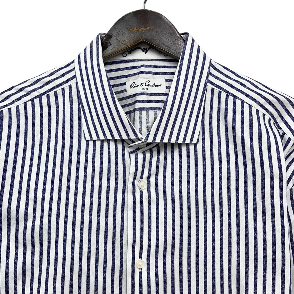 Robert Graham Men's Sz 48/19 White/Navy Striped Flip Cuff Cotton Dress Shirt euc